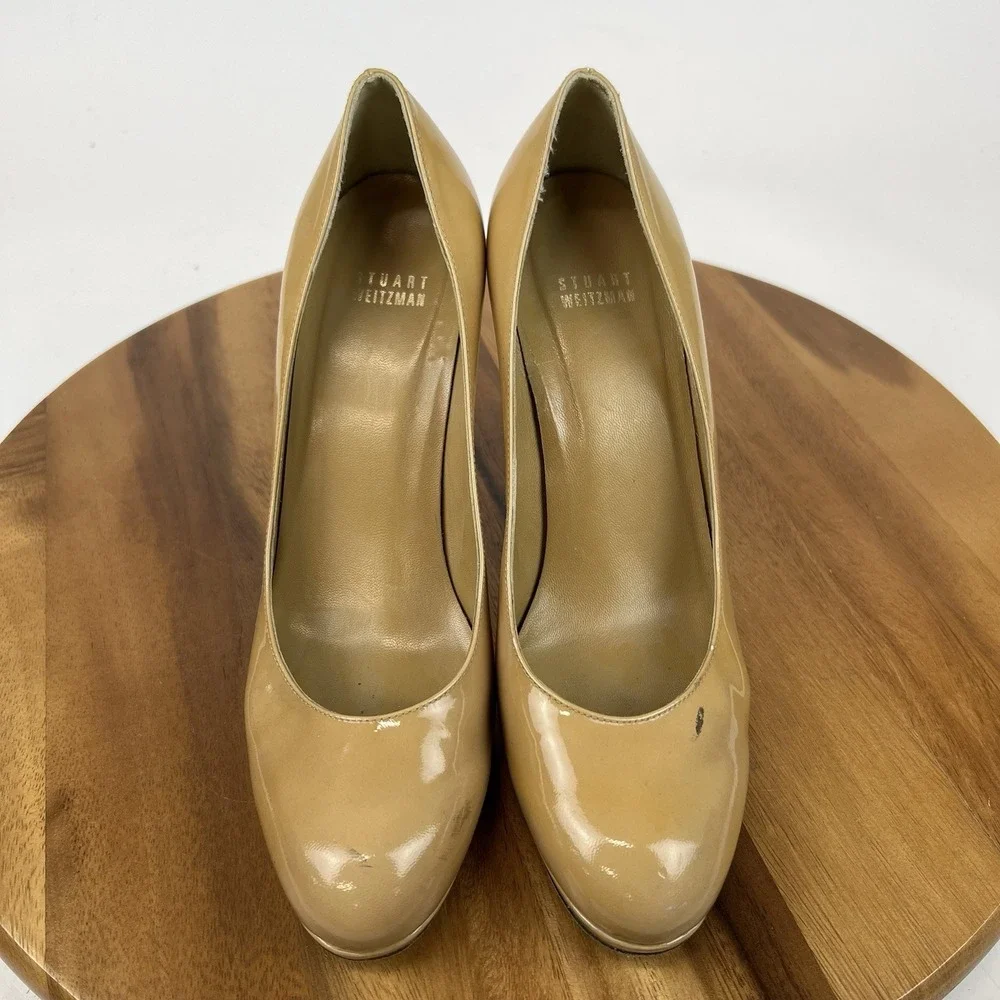 Womens Stuart Weitzman Nude Beige‎ Patent Leather Slip On Pumps Heels Size  9 M